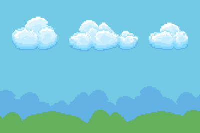 Pixel 8bit game vector background with ground and cloudy sky panorama