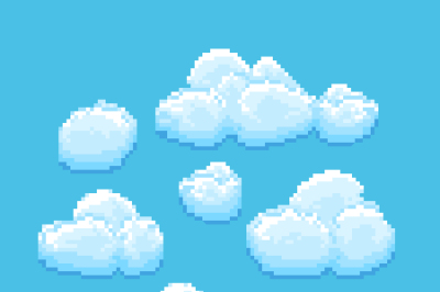 Sky with clouds vector pixel art. Cloudscape background for retro game