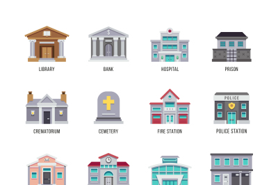 Municipal city buildings library&2C; bank&2C; hospital&2C; prison vector icon s