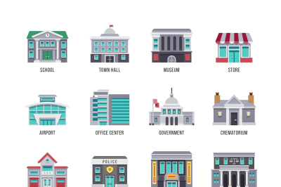 Government buildings vector flat icons set