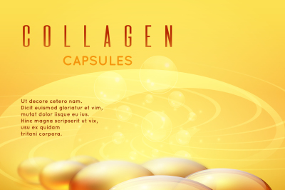 Gold pill vitamins, gold gel collagen capsule vector background for lo
