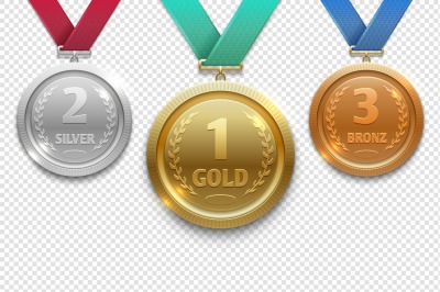 Olympic gold, silver and bronze award medals, winner honor prize vecto