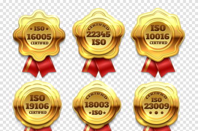 Golden certified rosettes, gold verify tokens and guarantee seals vect