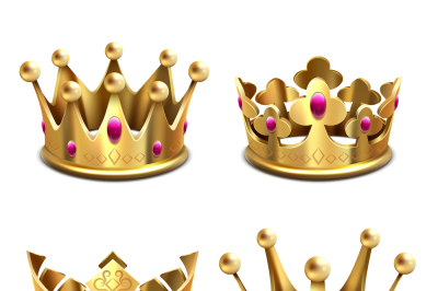 Gold 3d crown vector set. Royal monarchy and kings attributes