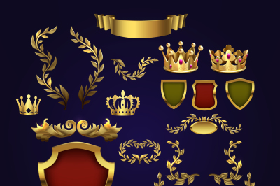 Golden vector heraldic elements. Kings crowns, laurel wreath and royal