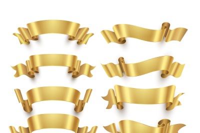 Golden ribbons and gold award banners vector set