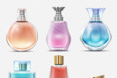 Realistic perfume and scented toilet water bottles vector set