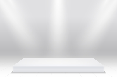Empty white podium for products. 3d white stage in beams of searchligh