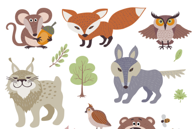 Happy cartoon and funny wood animals in forest vector collection