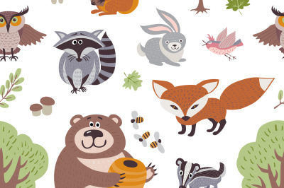 Forest summer plants and woodland animals vector seamless pattern