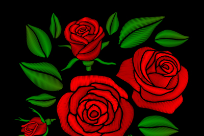 Embroidered red rose flowers vector set