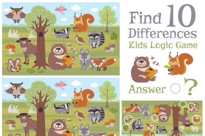 Find differences educational kids game with forest animal characters v