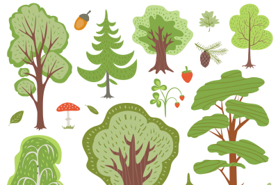 Forest trees, plants and mushrooms, other woodland floral vector eleme