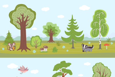 Forest vector landscapes set. Cartoon nature panorama with trees