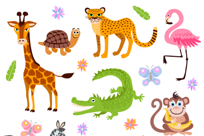 Cute jungle and safari animals vector set for kids book