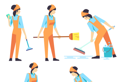 Cleaning service woman staff - cleaning staff of woman flat design