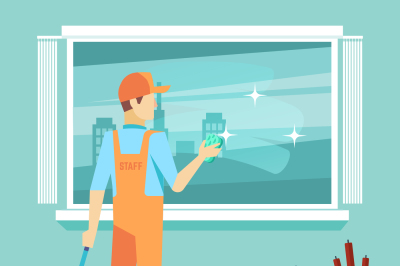 Flat man washes window - cleaning man vector character