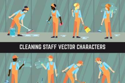 Cleaning staff - cleaning woman and man vector characters