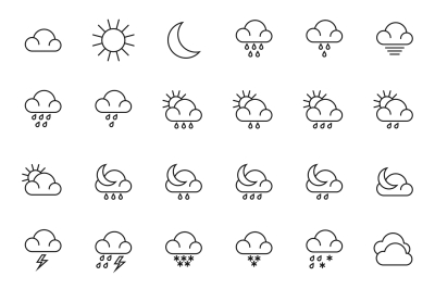 Meteorology symbols and weather vector thin line icons set