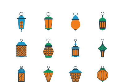 Old ramadan islamic lanterns, arabic lamps vector set