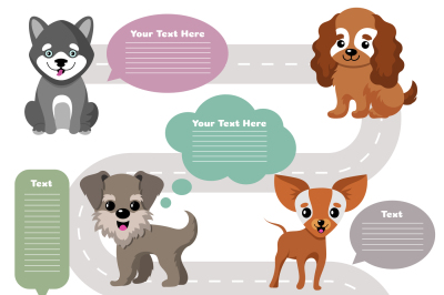 Funny cartoon puppy pet dogs with speech bubbles vector set