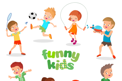 Uniformed happy kids playing sports. Active children vector characters