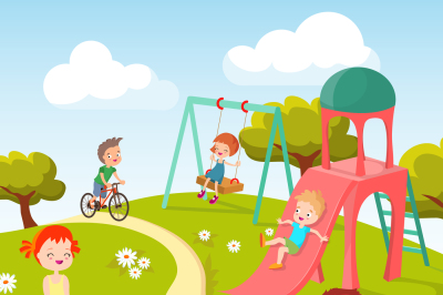 Cute children at playground. Happy children playing in summer park vec
