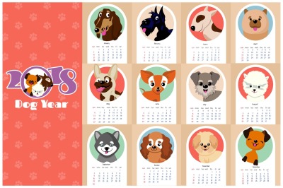 Monthly kids calendar 2018 with funny dogs&2C; puppies