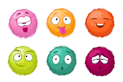Funny colorful cartoon fluffy ball vector fuzzy characters set. Monste