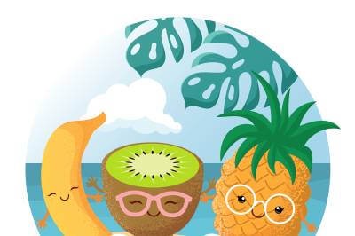 Summer beach party vector background with tropical funny cute smiling 