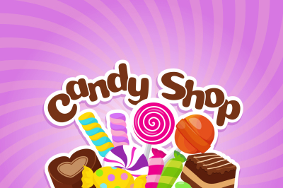 Sugar sweets vector background with colorful candies and lollipops