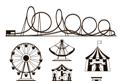 Amusement park, roller coasters and carousel vector icons