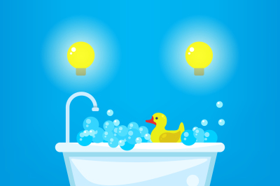 Vector relax in bathroom concept background. Bathtub with bubbles and 