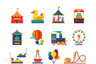 Fairground games and amusement park flat vector icons