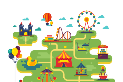 Family fun amusement park vector map. Entertainment in vacation vector