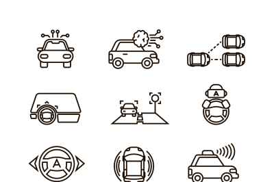 Smart car and hands free driving automatic system vector line icons