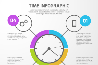 Presentation vector background with time management infographic, clock