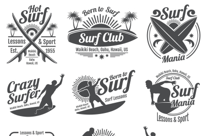 Surfing club vector vintage emblems. Surf board on wave signs