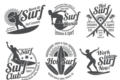 Summer surfing sports vector logos collection with surfer, surf board 