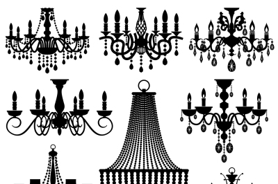 Vintage crystal chandeliers vector silhouettes isolated on white