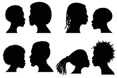 African female and male face vector silhouettes. Afro american couple 