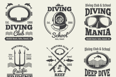 Scuba diving vintage vector labels. Spearfishing retro seal