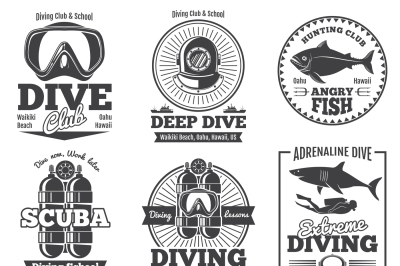 Underwater scuba diving club vector vintage emblems and labels