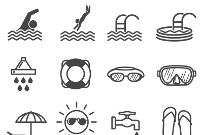 Public pool vector warning signs. Swimming rules icons