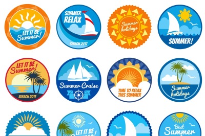 Summer party vector labels and emblems with sun and sea beach