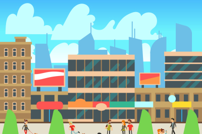 People walking on city street with urban cityscape vector illustration