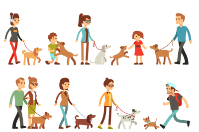 Happy people with pets. Women, men and children playing with dogs and 