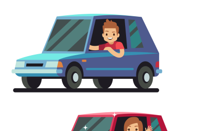 Young happy man and woman driver driving cars flat vector concept