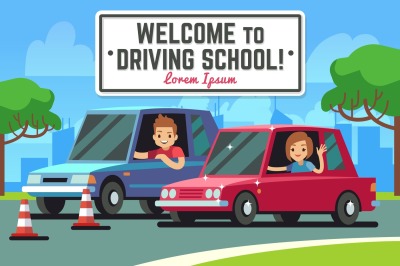 Driving school vector background with young happy driver in cars on ro