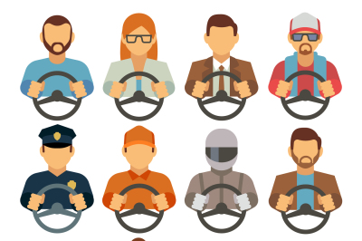 Man and woman drivers vector flat icons